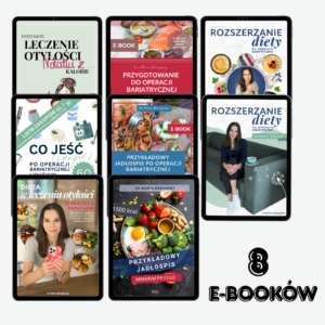 8 e-booków | pakiet FULL | 1. Leczenie otyłości. Notatki z... Kalorie 2. Przygotowanie do operacji bariatrycznej 3. Rozszerzanie diety po operacji bariatrycznej 4. Karty pracy zeszyt, ćwiczeń 5. Co kupić po operacji bariatrycznej 6. Przykładowy jadłospis 1000 kcal 7. Przykładowy jadłospis 1500 kcal 8. Dieta w leczeniu otyłości. 36 prostych przepisów